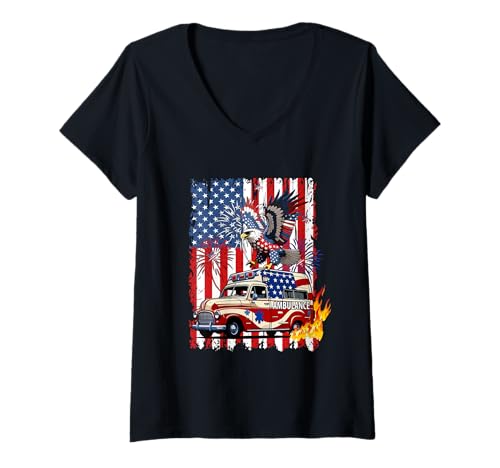 Damen Eagle On Ambulance 4th Of July US Flag Patriotic Driver T-Shirt mit V-Ausschnitt von Ambulance 4th Of July Costume