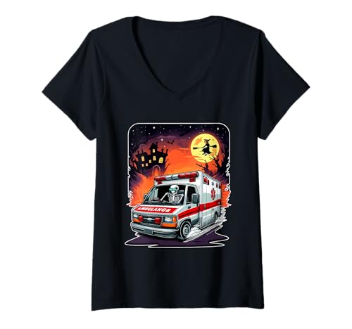 Damen Skeleton Driving Ambulance Halloween Horror Costume Driver T-Shirt mit V-Ausschnitt Damen Skeleton Driving Ambulance Halloween Horror Costume Driver T-Shirt mit V-Ausschnitt von Ambulance Halloween Costume