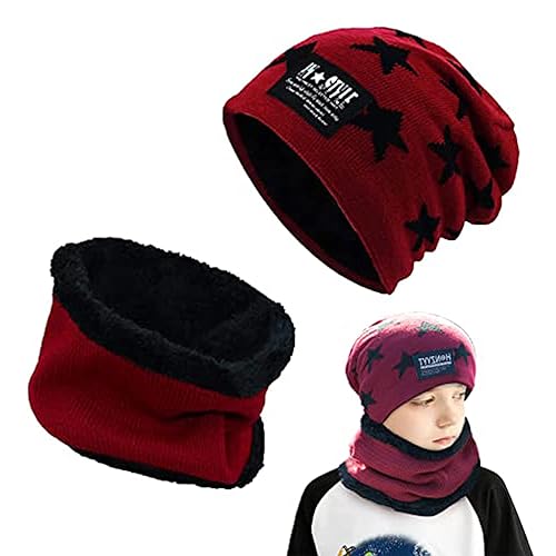 Amebleak Kinder Wintermütze und Schal Set, Winter Warm Beanie Mütze, Unisex Strickmütze Mit Fleecefutter, Wolle Strickmütze und Loop Schal für 6-14 Jahre Alt Jungen Mädchen (Rot) von Amebleak