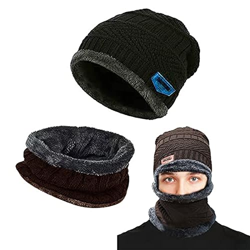 Amebleak Wintermütze Schal Set, Winter Warm Beanie Mütze, Unisex Strickmütze mit Fleecefutter Mütze Schal, Wolle Strickmütze und Loop Schal für Herren und Damen (braun) von Amebleak