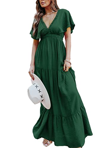 Amegoya Damen Casual Kurzarm V-Ausschnitt Floral Maxi Kleider Boho Strand Fotoshooting Flowy Rüschen Langes Kleid, 3-dunkelgrün, Klein von Amegoya