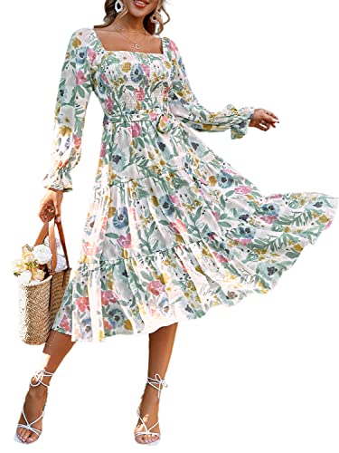 Amegoya Damen-Midikleid im Boho-Stil, fließend, langärmelig, quadratischer Ausschnitt, Blumenmuster, gesmokt, Frühling, Herbst, Hochzeitsgäste, A-Floral 1, Groß Amegoya Damen-Midikleid im Boho-Stil, fließend, langärmelig, quadratischer Ausschnitt, Blumenmuster, gesmokt, Frühling, Herbst, Hochzeitsgäste, A-Floral 1, Groß von Amegoya