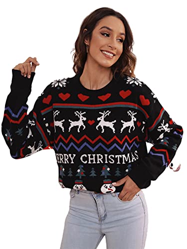 Amegoya Damen Weihnachten Gestrickt Urlaub Langarm Pullover Sweaters Niedlich Rundhalsausschnitt Rentier Sweatshirts Tops, Schwarz 3, Klein von Amegoya