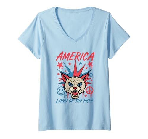 Damen Ameirca Land Of The Free Cat US Flag 4th Of July T-Shirt mit V-Ausschnitt Damen Ameirca Land Of The Free Cat US Flag 4th Of July T-Shirt mit V-Ausschnitt von Ameirca Land Of The Free Cat Patriotic 4th Of July