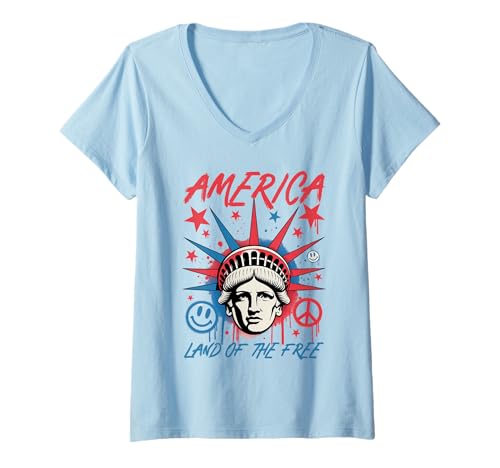 Damen Ameirca Land Of The Free American US Flag 4th Of July T-Shirt mit V-Ausschnitt Damen Ameirca Land Of The Free American US Flag 4th Of July T-Shirt mit V-Ausschnitt von Ameirca Land Of The Free Patriotic 4th Of July