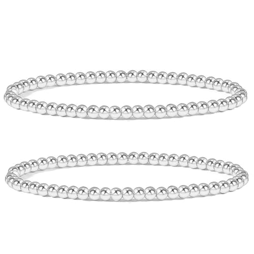 Amejew Goldperlen-Armbänder für Damen, stapelbare Gold-Armbänder für Damen und Herren, 14 Karat echtvergoldet, Stretch-Perlen-Kugel-Armband, 4mm, Metall, Metall von Amejew