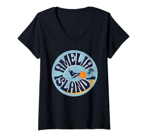Damen Insel Amelia T-Shirt mit V-Ausschnitt Damen Insel Amelia T-Shirt mit V-Ausschnitt von Amelia Island Beach Florida Surfing Surf Ocean USA