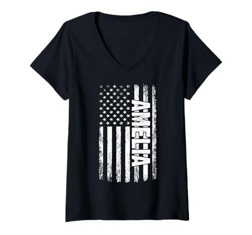 Damen Amelia persönlicher Name American Flag Retro Frauen lustig T-Shirt mit V-Ausschnitt von Amelia Specialized First Girl Woman Name Tee