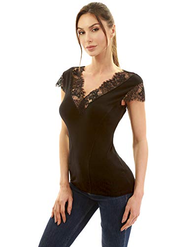 AmélieBoutik Damen-Bluse mit floralem Spitzenbesatz, V-Ausschnitt, ärmellos, Schwarz, Mittel von AmélieBoutik