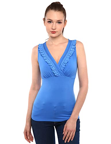 AmélieBoutik Damen-Bluse mit überkreuztem V-Ausschnitt, Spitzenbesatz, ärmellos, Blau, Mittel von AmélieBoutik