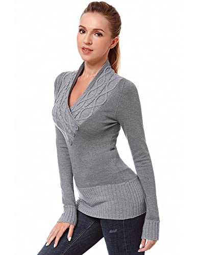 AmélieBoutik Damen-Pullover mit überkreuztem Zopfmuster, V-Ausschnitt, langärmelig, GRAU, Mittel von AmélieBoutik