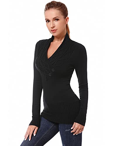 AmélieBoutik Damen-Pullover mit überkreuztem Zopfmuster, V-Ausschnitt, langärmelig, Schwarz, Groß von AmélieBoutik