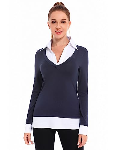 AmélieBoutik Damen Faux Shirt 2 in 1 Stil Langarm Pullover Bluse Top, Marineblau, X-Groß von AmélieBoutik