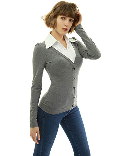 AmélieBoutik Damen Hemdkragen Plissee 2 in 1 Stil Pullover Bluse Top, Grau, Klein von AmélieBoutik