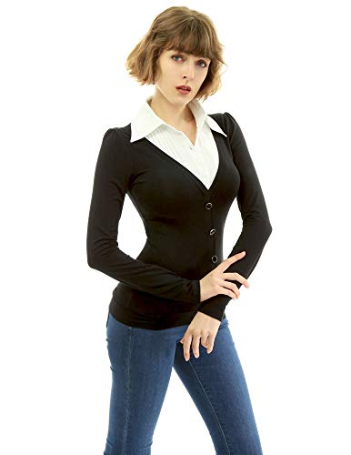AmélieBoutik Damen Hemdkragen Plissee 2 in 1 Stil Pullover Bluse Top, Schwarz, Groß von AmélieBoutik