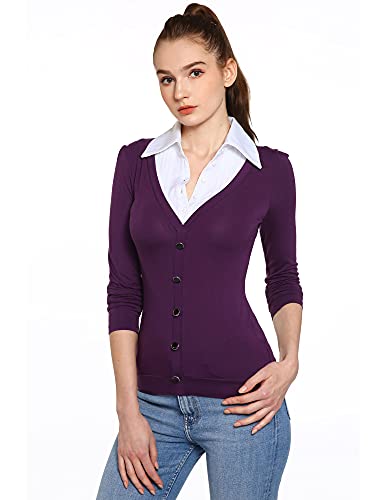 AmélieBoutik Damen Hemdkragen Plissee 2 in 1 Stil Pullover Bluse Top, Violett, Groß von AmélieBoutik