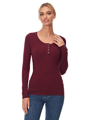 AmélieBoutik Damen Henley Langarm-Pulloveroberteil mit Waffelmuster, Burgunder, X-Groß von AmélieBoutik