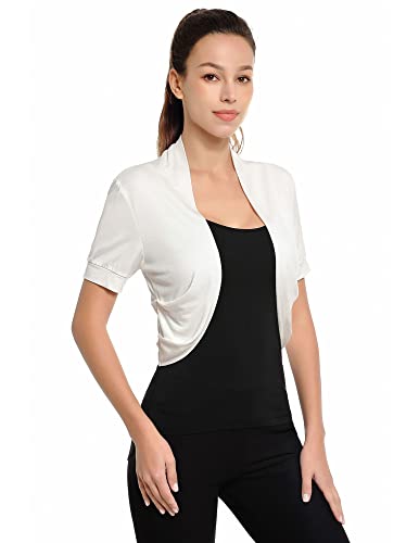 AmélieBoutik Damen Kurzarm Bolero Shrug Open Front Plissee Seiten Cropped Cardigan für Kleid Casual, Elfenbein, Weiß, Klein von AmélieBoutik