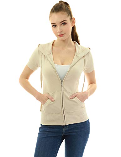 AmélieBoutik Damen Kurzarm Hoodies Jacken Sommer Full Zip Up Kapuze Casual Sweatshirts mit Taschen, beige, Small von AmélieBoutik