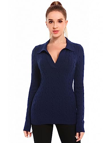 AmélieBoutik Damen Marineblau V-Ausschnitt Zopfmuster Langarm Pullover, X-Groß von AmélieBoutik