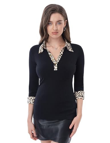 AmélieBoutik Damen-Poloshirt, dehnbar, lässig, Leopardenmuster, 3/4-Ärmel, schmale Passform, Schwarz, Groß AmélieBoutik Damen-Poloshirt, dehnbar, lässig, Leopardenmuster, 3/4-Ärmel, schmale Passform, Schwarz, Groß von AmélieBoutik