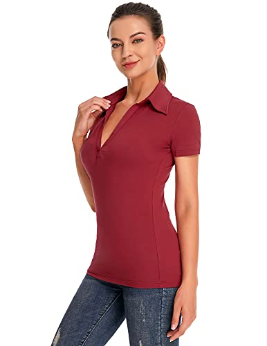 AmélieBoutik Damen Poloshirt mit V-Ausschnitt und kurzen Ärmeln, Burgunder, Klein von AmélieBoutik