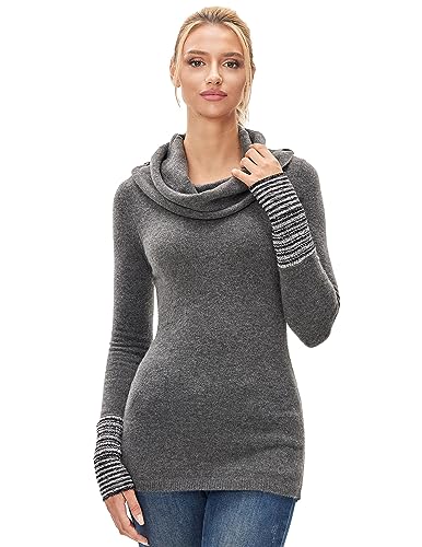 AmélieBoutik Damen Pullover Top mit Wasserfallkragen, lange Ärmel, gestreifte Manschetten, Dunkel_Grau, Mittel von AmélieBoutik