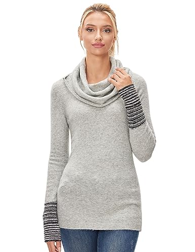 AmélieBoutik Damen Pullover Top mit Wasserfallkragen, lange Ärmel, gestreifte Manschetten, Hellgrau, Groß von AmélieBoutik