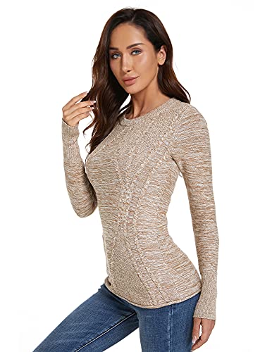 AmélieBoutik Damen Pullover aus Baumwoll-Mischgewebe, Rundhalsausschnitt, lange Ärmel, Zopfmuster, Heather Tan, X-Klein von AmélieBoutik