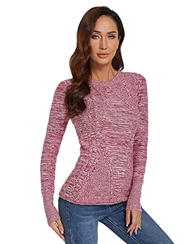 AmélieBoutik Damen Pullover aus Baumwoll-Mischgewebe, Rundhalsausschnitt, lange Ärmel, Zopfmuster, rot (Heather Red), Klein von AmélieBoutik