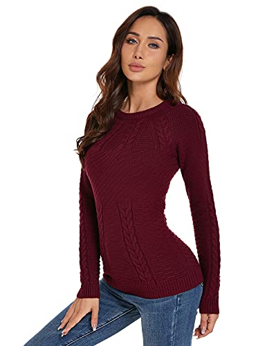 AmélieBoutik Damen Pullover mit Rundhalsausschnitt, Raglan-Ärmel, Zopfmuster, burgunderfarben, X-Klein von AmélieBoutik