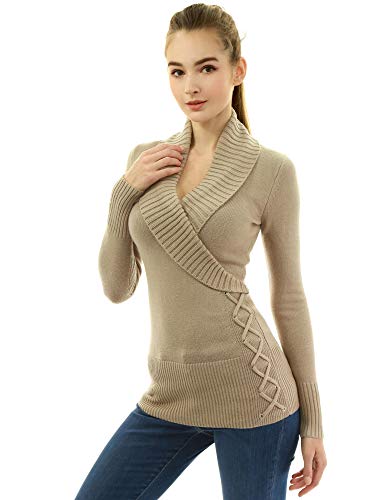 AmélieBoutik Damen-Pullover, schmale Passform, sexy, lässig, Schalkragen, Wickeloptik, Schnürung, langärmelig, Deep Beige, X-Groß von AmélieBoutik