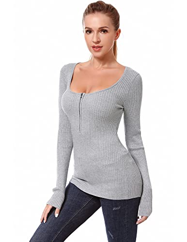 AmélieBoutik Damen Pullover mit U-Ausschnitt, 1/2 Reißverschluss vorne, langärmelig, gerippter Pullover, grau, X-Klein von AmélieBoutik