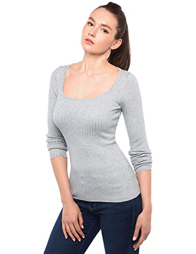 AmélieBoutik Damen Pullover mit U-Ausschnitt und langen Ärmeln, gewellter Bündchen, gerippter Pullover, hellgrau, X-Groß von AmélieBoutik