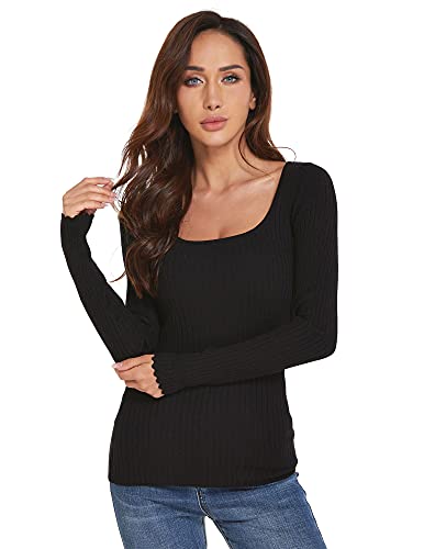 AmélieBoutik Damen Pullover mit U-Ausschnitt und langen Ärmeln, gewellter Bündchen, gerippter Pullover, schwarz, X-Groß von AmélieBoutik