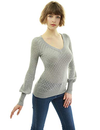 AmélieBoutik Damen Pullover mit V-Ausschnitt und Bishopärmeln - Grau - X-Klein von AmélieBoutik