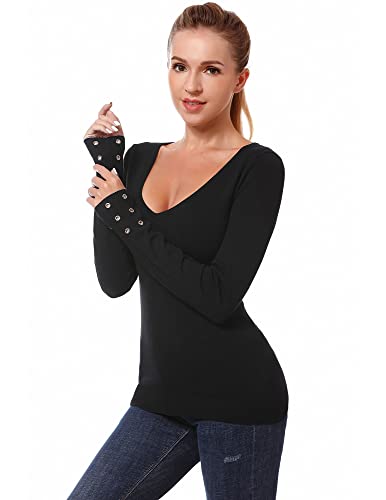 AmélieBoutik Damen Pullover mit V-Ausschnitt und langen Ärmeln und Ösen, schwarz, X-Klein von AmélieBoutik