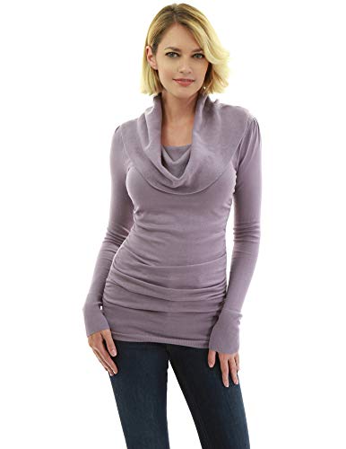 AmélieBoutik Lässiger Damen-Pullover, schmale Passform, Wasserfallkragen, Lange Ärmel, gerüschte Seiten, Tunika-Pullover, Lavendel, Mittel von AmélieBoutik