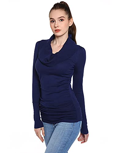 AmélieBoutik Damen Pullover mit Wasserfallausschnitt, langärmelig, gerüscht, Seiten, marineblau, Groß von AmélieBoutik