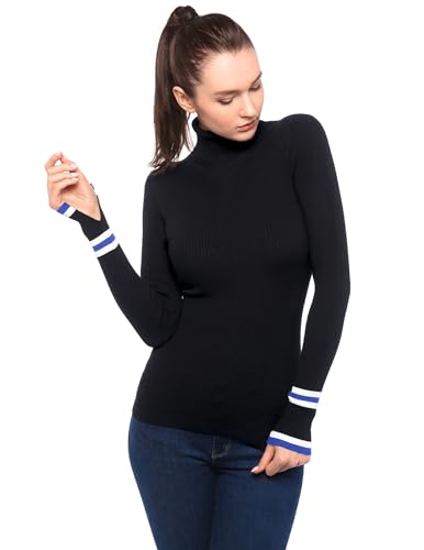 AmélieBoutik Damen Pullover mit langen Ärmeln, gestreift, geteilte Bündchen, Rollkragen, gerippt, schwarz, Groß von AmélieBoutik