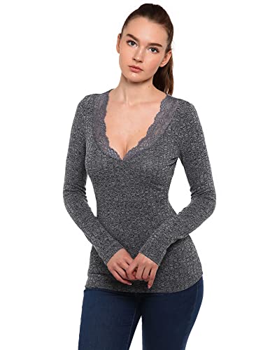 AmélieBoutik Damen Strickoberteil mit Spitzenbesatz, V-Ausschnitt, Kunst-Wickelimitat, Empire-Taille, gerippt, langärmelig, dunkelgrau, X-Groß von AmélieBoutik