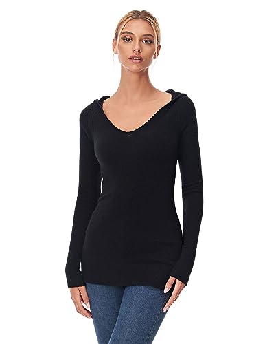 AmélieBoutik Damen-Pullover mit Kapuze, V-Ausschnitt, Raglanärmel, Strickoberteil, Schwarz, Groß von AmélieBoutik