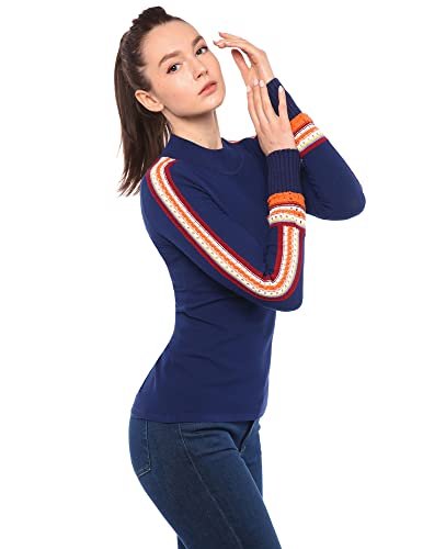 AmélieBoutik Damen Strickpullover mit Stehkragen und Fair-Isle-Besatz, langärmelig, marineblau, X-Klein von AmélieBoutik