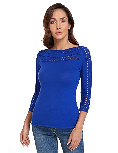 AmélieBoutik Damen Strickpullover mit U-Boot-Ausschnitt und Ösen, 3/4-Ärmel, blau, X-Groß von AmélieBoutik