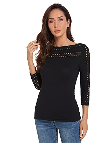 AmélieBoutik Damen Strickpullover mit U-Boot-Ausschnitt und Ösen, 3/4-Ärmel, schwarz, Groß von AmélieBoutik