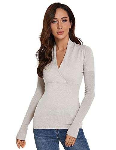 AmélieBoutik Damen Strickpullover mit V-Ausschnitt, Empire-Taille, langärmelig, hellbeige, X-Klein von AmélieBoutik