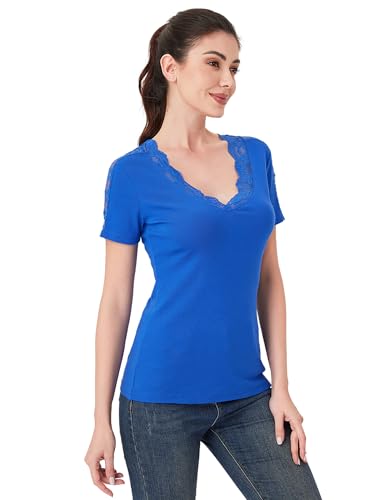 AmélieBoutik Damen-T-Shirt, Spitzenbesatz, Ärmel, V-Ausschnitt, leicht, kurzärmelig, Blau, Klein AmélieBoutik Damen-T-Shirt, Spitzenbesatz, Ärmel, V-Ausschnitt, leicht, kurzärmelig, Blau, Klein von AmélieBoutik
