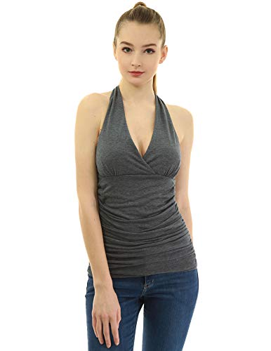 AmélieBoutik Damen V-Ausschnitt Neckholder Geraffte Seiten Bluse Ärmellos Rückenfrei Sommer Strand Tank Top, Grau meliert, Klein von AmélieBoutik