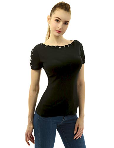 AmélieBoutik Damenbluse aus Baumwollmischgewebe, U-Boot-Ausschnitt, Ösenbesatz, kurzärmelig, Schwarz, X-Klein von AmélieBoutik