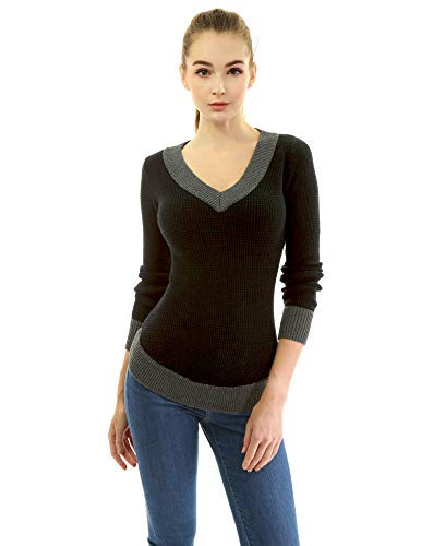 AmélieBoutik Frauen Baumwollmischung V-Ausschnitt Farbblock Langarm Kurve Saum Pullover, schwarz / grau, X-Groß von AmélieBoutik